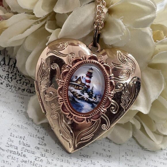 Beach Sailor Lighthouse Mom Wife Christmas Rose Gold Heart Locket Anniversary - Picture 1 of 13